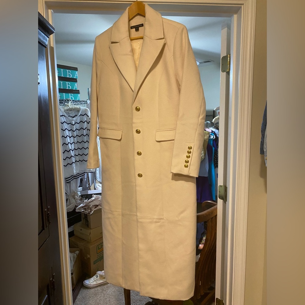 Boston Proper Cream Full Length Coat with Gold Buttons